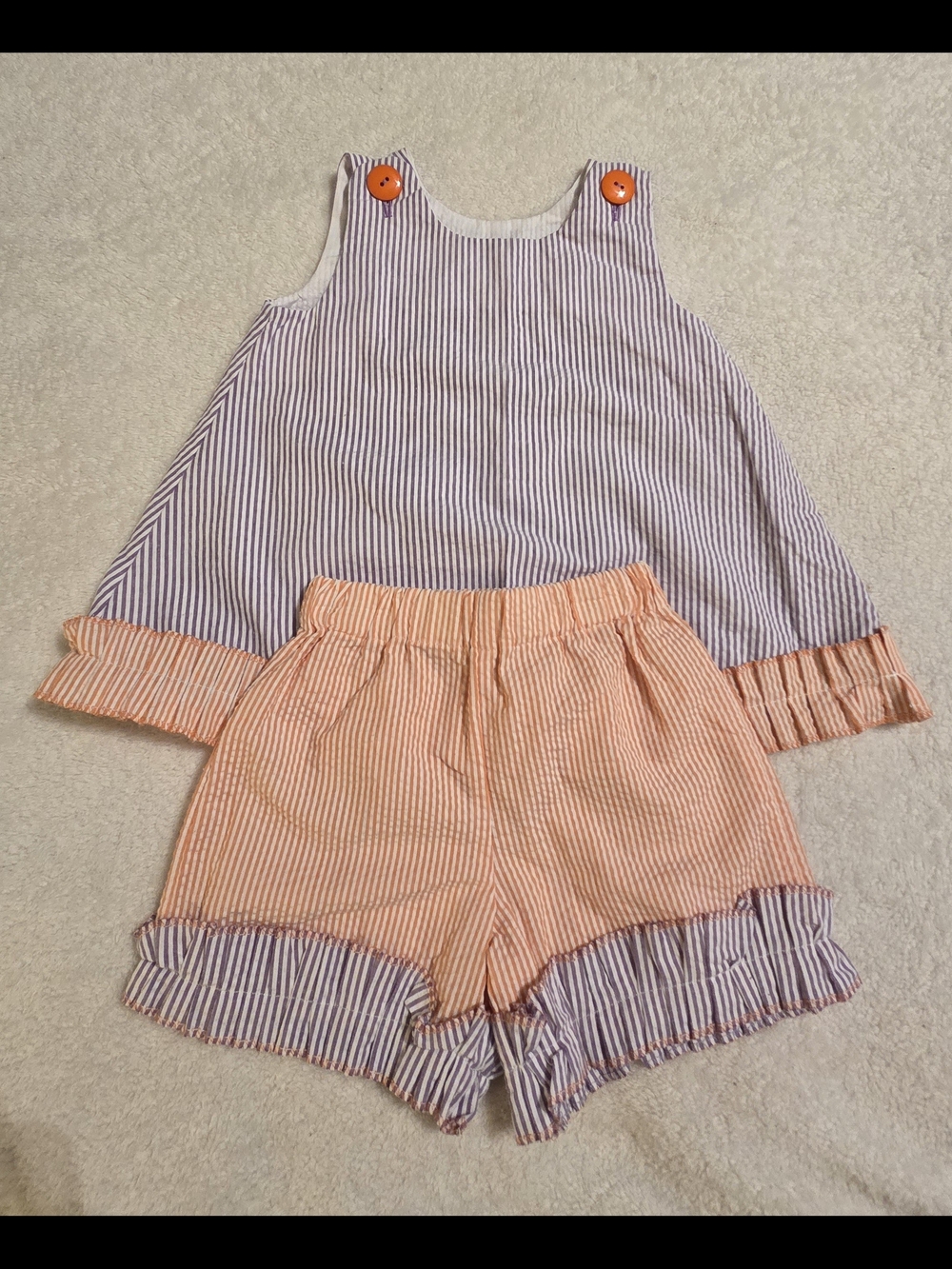 Handmade Girls Purple/Orange Seersucker Shirt Set (Size 9M)